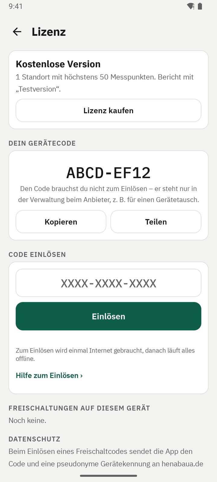 Lizenz-Seite mit Gerätecode und Code-Eingabe