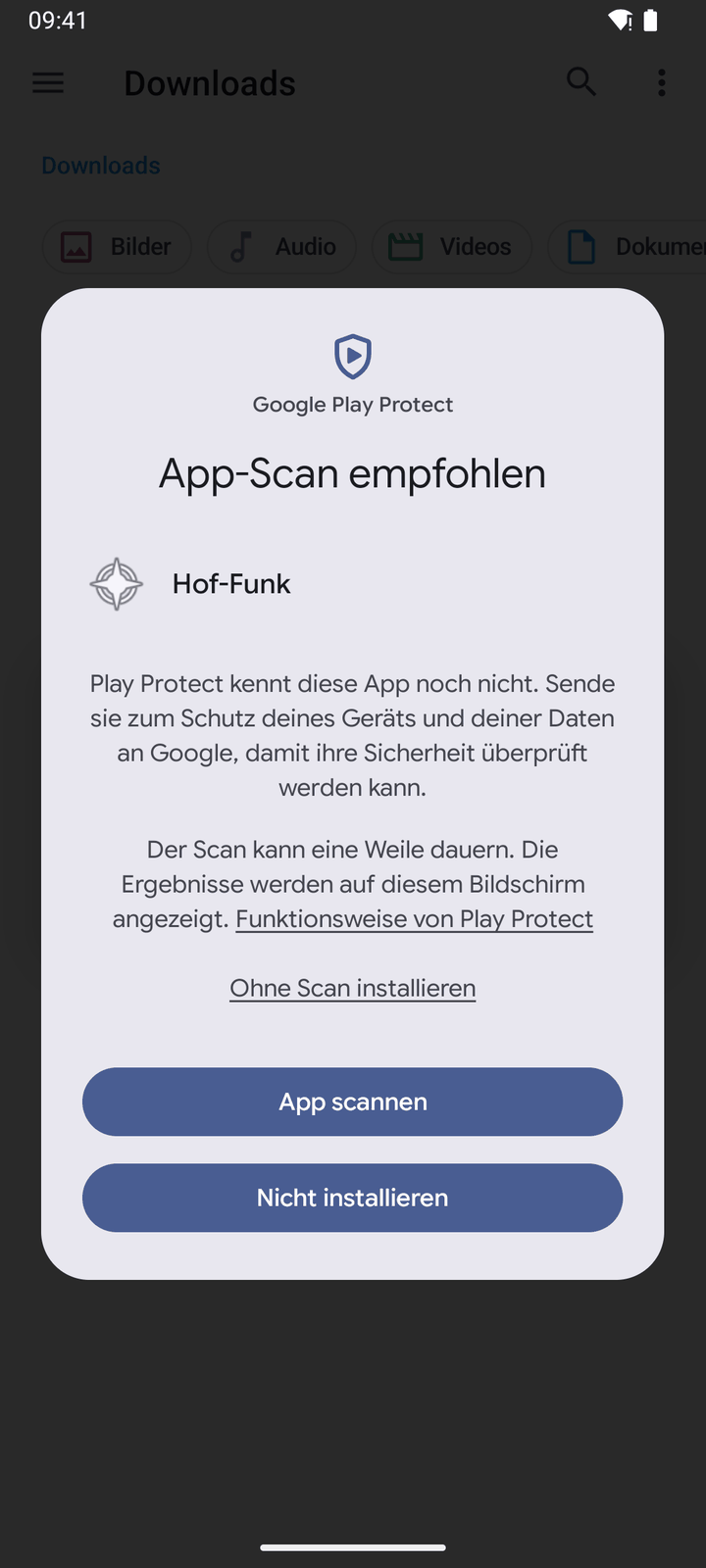 Play Protect: „App-Scan empfohlen“ mit „Ohne Scan installieren“
