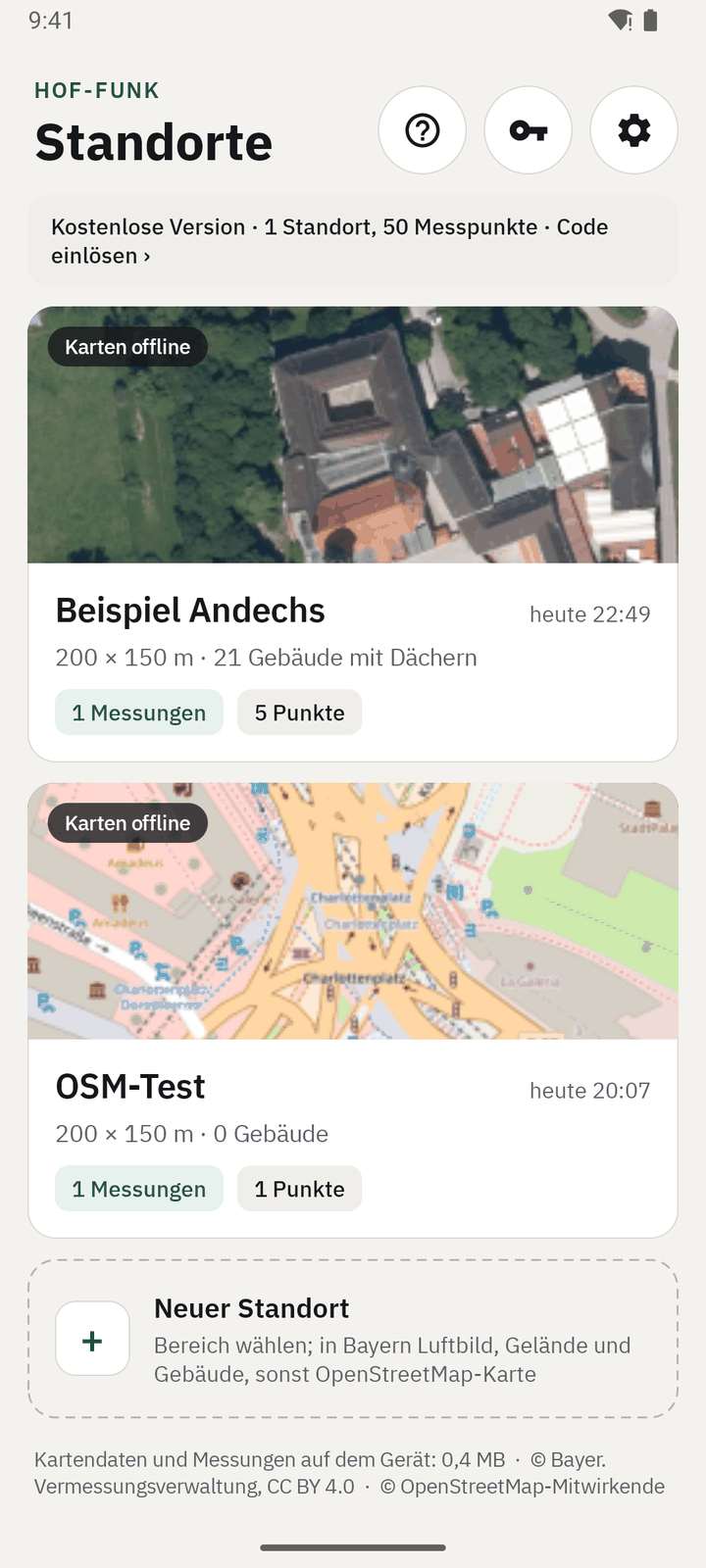 Startseite in der kostenlosen Version