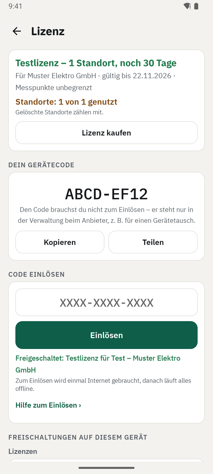 Lizenz-Seite mit Testlizenz