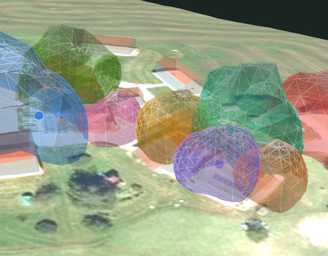 3D-Ansicht der WLAN-Reichweiten mehrerer Access Points über einem Hof